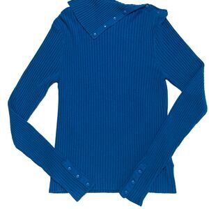Worthington women's Teal Blue Chico Shawl Neck Sweater Stretchy Knit Slim Fit S